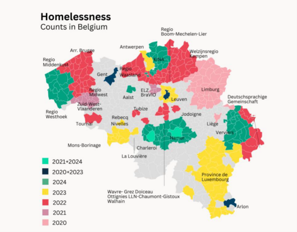 Kaart die aangeeft in welke regio's er dak- en thuislozentellingen zijn gebeurd.