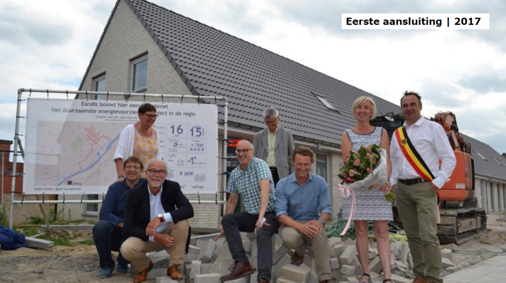 2017: groep mensen poseert voor de eerste aansluiting op het warmtenet