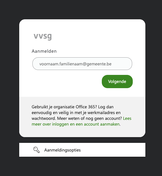 Voorbeeld van het aanmeldvenster op website vvsg.be