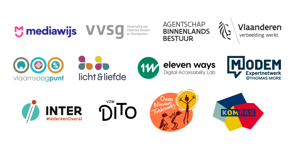Logo's Mediawijs, VVSG, ABB, Vlaamse overheid, Vlaams Oogpunt, Licht en Liefde, Eleven ways, Modem, Inter, Dito vzw, Onze nieuwe toekomst, Kompas