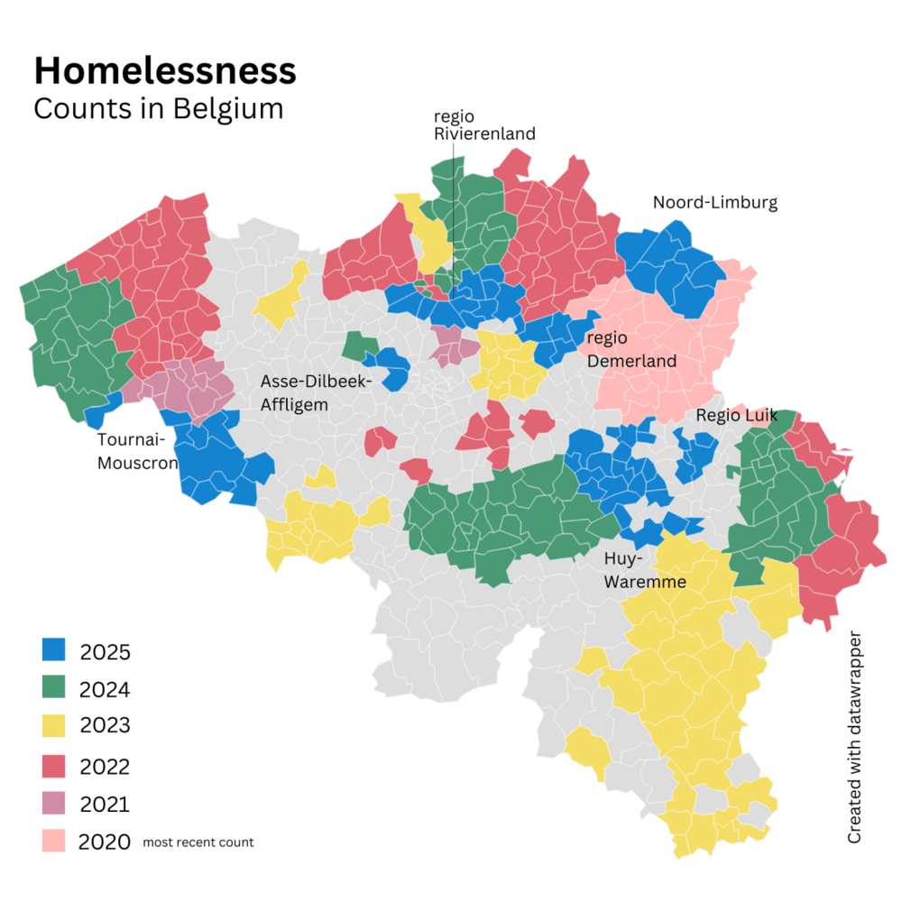 Op deze geografische kaart zie je in welke steden/regio’s er tellingen van dak- en thuisloosheid zijn uitgevoerd in 2020, 2021, 2022, 2023, 2024 en 2025. 