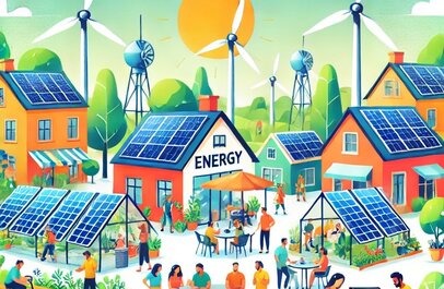 Beeld dat energiegemeenschap visualiseert, met mensen die verschillende vormen van energie delen.