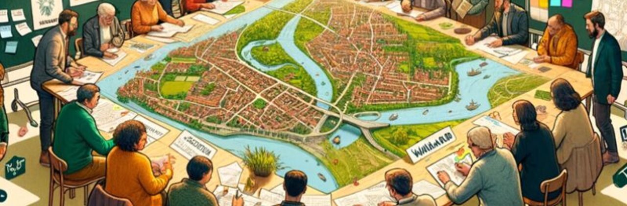 Een fictieve klimaattafel waarbij mensen rond een tafel zitten waarop een stadsplan ligt.