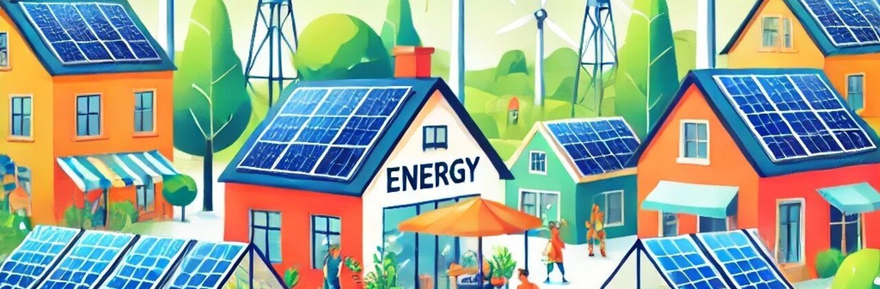 Beeld dat energiegemeenschap visualiseert, met mensen die verschillende vormen van energie delen.