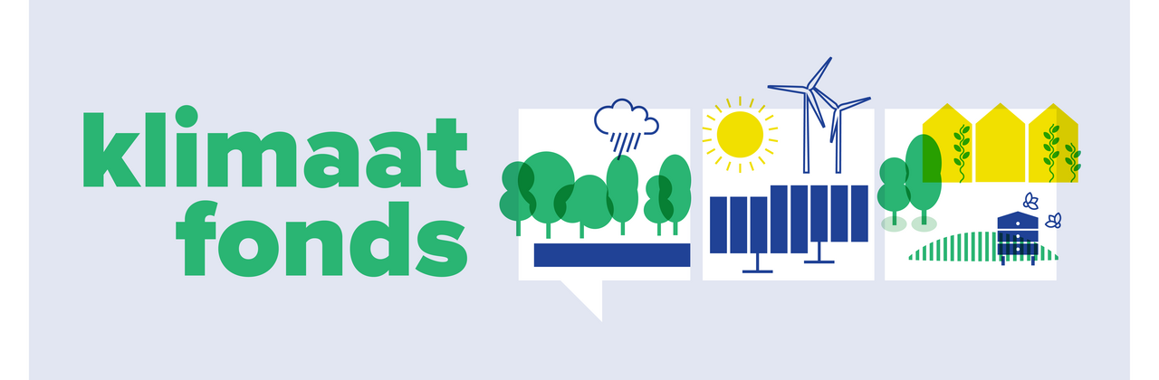 Logo klimaatfonds met kleine afbeeldingen van bomen, windturbines, zon en andere elementen.