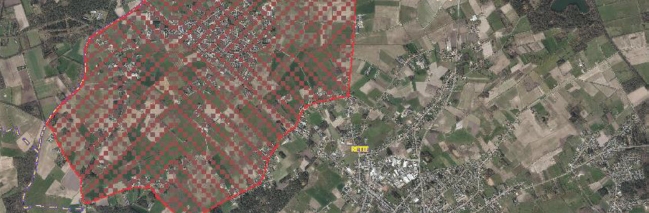 luchtfoto met daarop inplanting windturbines en zone met impact getekend
