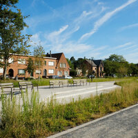 Achtergrond huizen, voorgrond groen en minimale verhadering