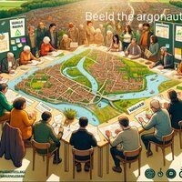 Een fictieve klimaattafel waarbij mensen rond een tafel zitten waarop een stadsplan ligt.