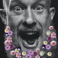 affiche met man met baard met bloemetjes in