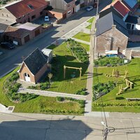 Luchtfoto met zicht op kruispunt van de Kouterstraat, Hunsbergstraat en Everspoelstraat
