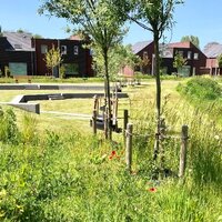 Park Maaike Kerrebroeck met bomen, gras en huizen op de achtergrond.
