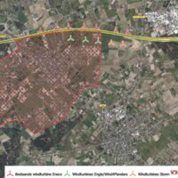 luchtfoto met daarop inplanting windturbines en zone met impact getekend